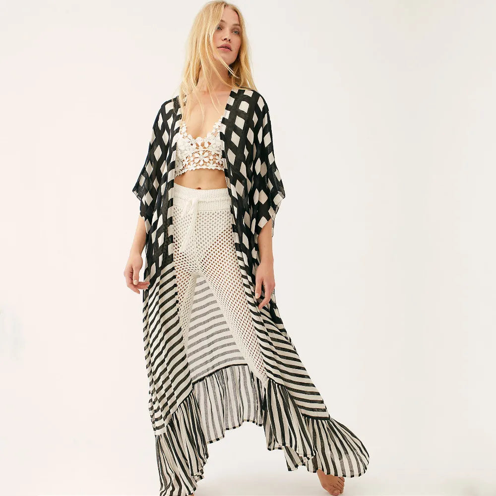 2023 Chiffon Beach Cover-ups  Dots stripes Beach Women Sexy Elegant Long Ruffle Sleeve Open Front Summer Maxi dress Q751