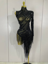 STOCK Sparkly Rhinestones Tassel Sexy See-Through Dress Women One Shoulder Latin Dance Outfits Bar Nightclub Party Stage Costume