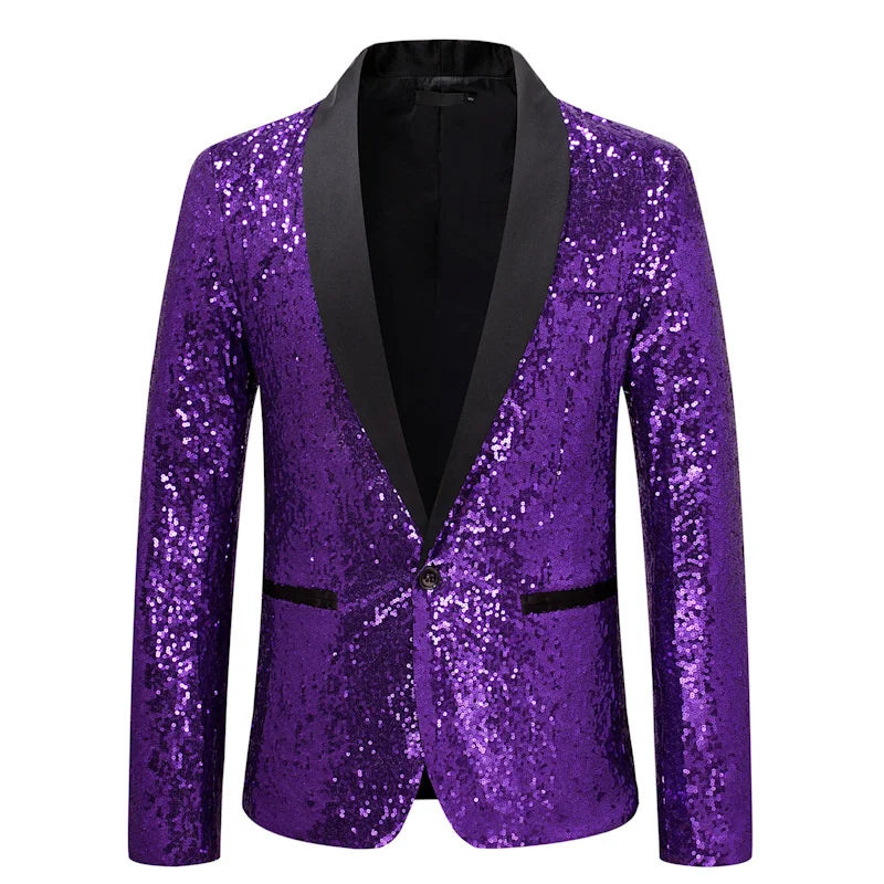 Shiny Sequin Men's Suit Jacket, Stage Performance Coat, White Silver Blue Red Purple Blazers V-neck Single Button S M L XL XXL
