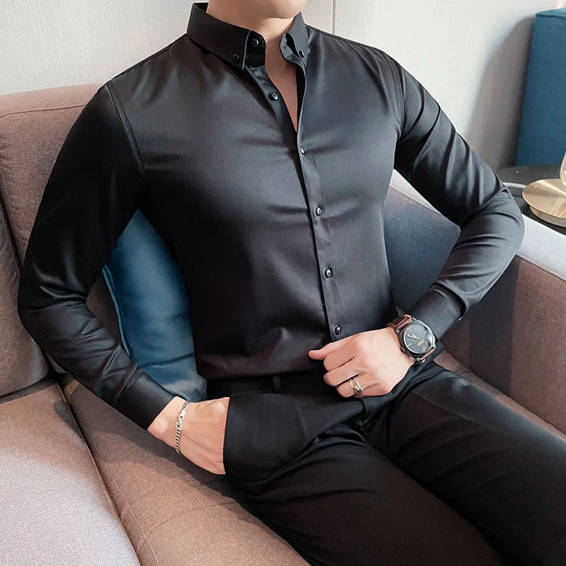 Hot Sale Long Sleeve Men Dress Shirts Simple All Match Business Formal Wear Slim Fit Casual Office Blouse Homme Plus Size 5XL-M