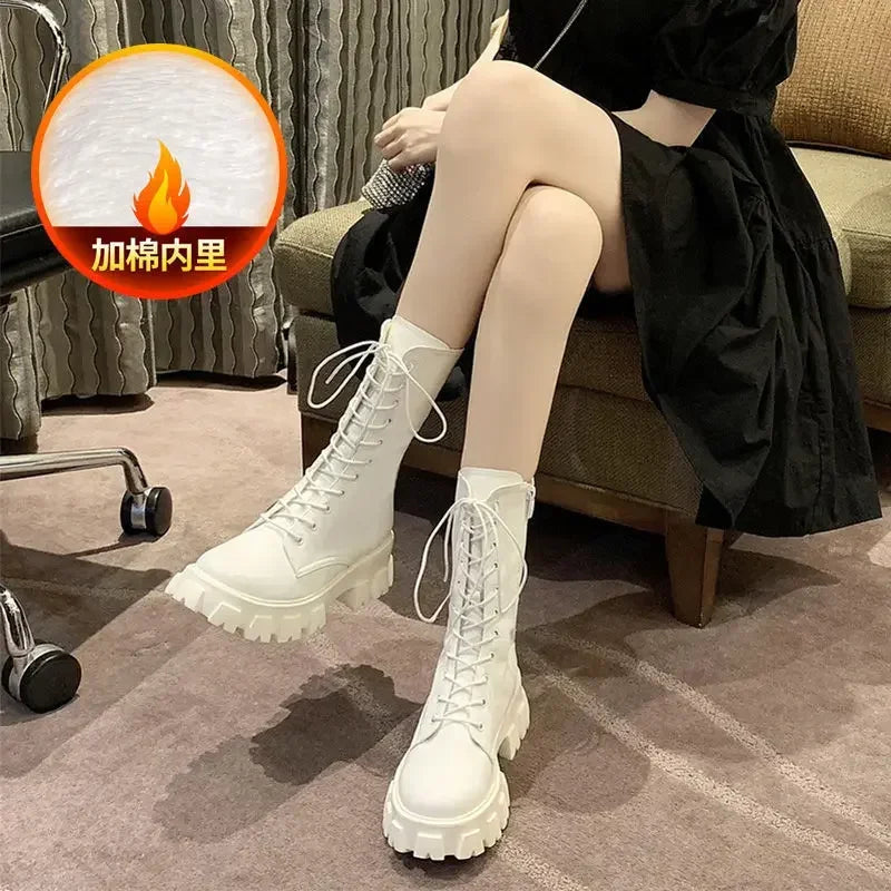 Boots Women New Mid Calf Autumn Winter Fashion Lace-up Ladies Chelsea Zipper Botas Mujer Boots Sports Platform Heel Ladies Shoes