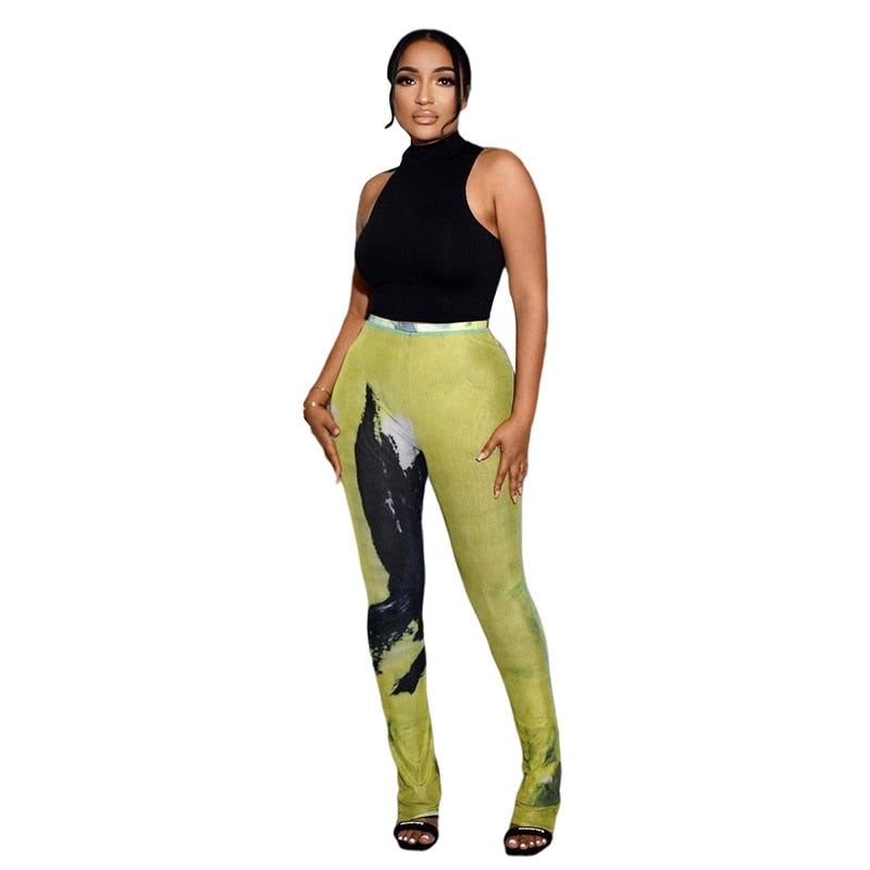 Mesh Print Aesthetic Women Pants Y2k Streetwear High Waist Micro Flared Slim Fit Trousers Casual Fashion Party Clubwear