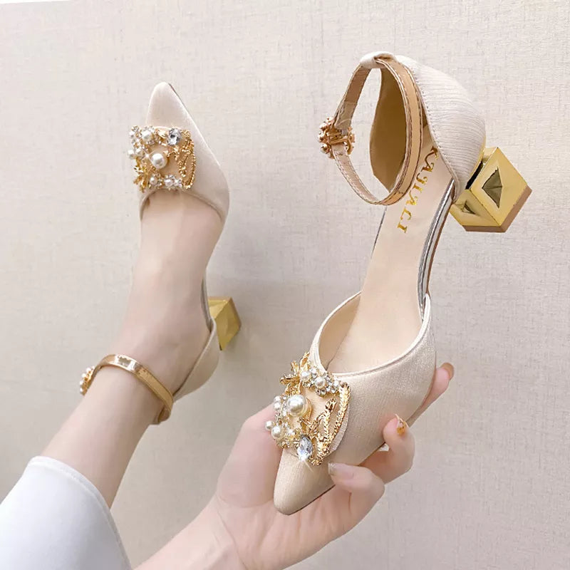 Rimocy Women Fashion High Quality Beige Wedding Shoes 2024 Bling Crystal High Heels Shoes Female Elegant Pearl Thick Heels Pumps