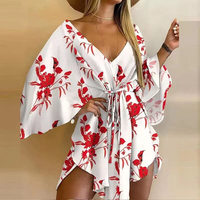 2023 New Summer Beach Elegant Dresses Women Sexy V Neck Lace-up Floral Print Mini Dress Casual Flared Sleeves Ladies Party Dress