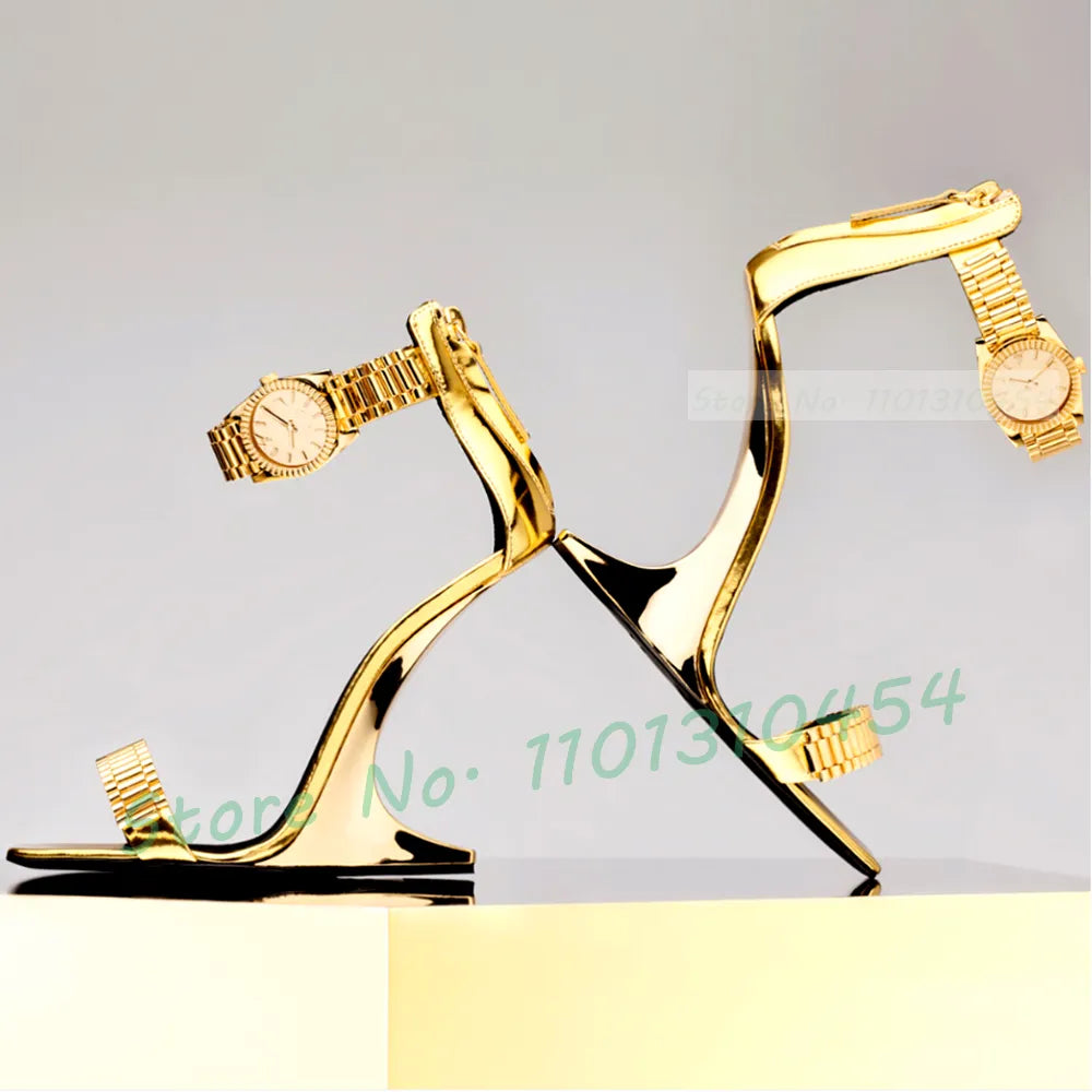 Metallic Watch Wedge Sandals Women Summer Elegant Fretwork Heels Gold Shoes 2023 Luxury Casual Ankle Wrap Chic Back-zip Sandals