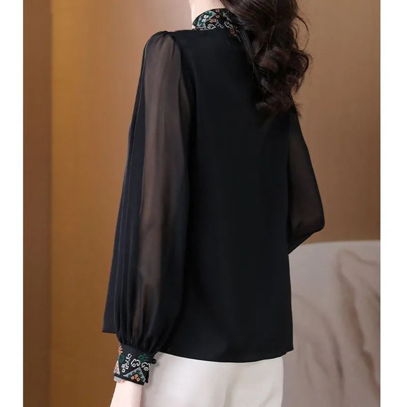 Spring Women Clothing Chiffon Shirt Stand Collar Embroidered Button New Chinese Style Fashion Elegant Long Sleeve Loose Tops