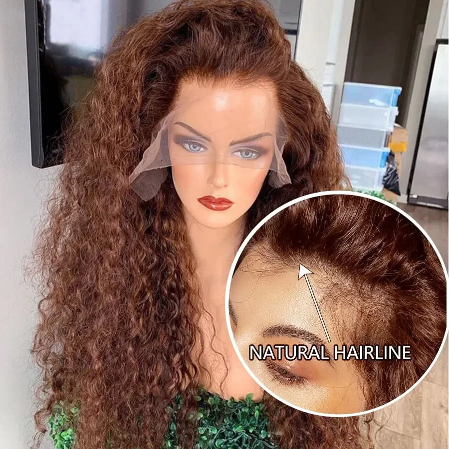 Chocolate Brown Kinky Curly Lace Frontal Human Hair Wig Transparent Lace Front Wig PrePlucked Colored Human Hair Wig On sale