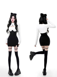 Black Korean Style Two-piece Set Women Bodycon Elegant Sexy Party Mini Skirt Suit 2023 Y2k White Blouse + Split Suspenders Skirt