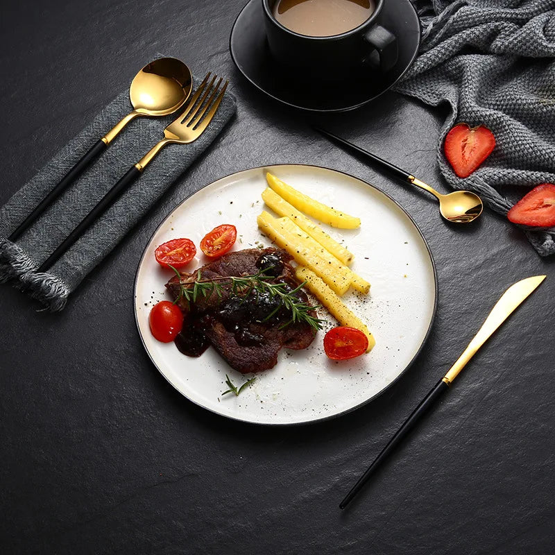 Gold Plated Stainless Steel Tableware Restaurant Kitchen Cookware Steak Western Food Luxury Knife Fork Spoon Dinnerware Sets
