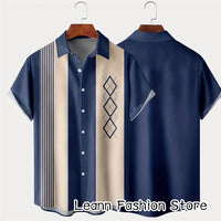 Men Summer Poker Symbol Stripe Print Shirt Casual Beach Short Sleeve Clothing Male Button Lapel Collar Shirt Fashion Leisurewear