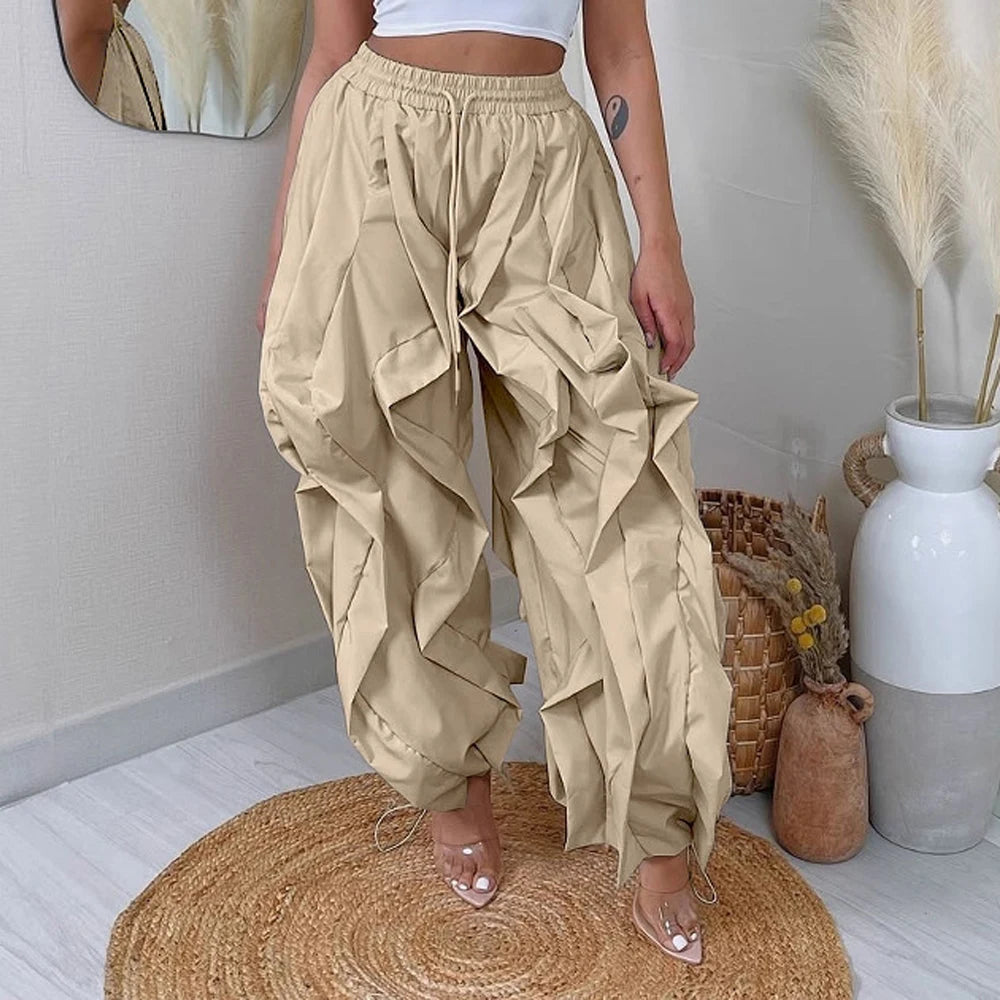 Summer Fashion 2025 Women Ruffle Print Cargo Pants Casual New Female Streetwear Joggers Elastic High Waist Loose Latern Trousers
