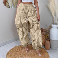 Summer Fashion 2025 Women Ruffle Print Cargo Pants Casual New Female Streetwear Joggers Elastic High Waist Loose Latern Trousers