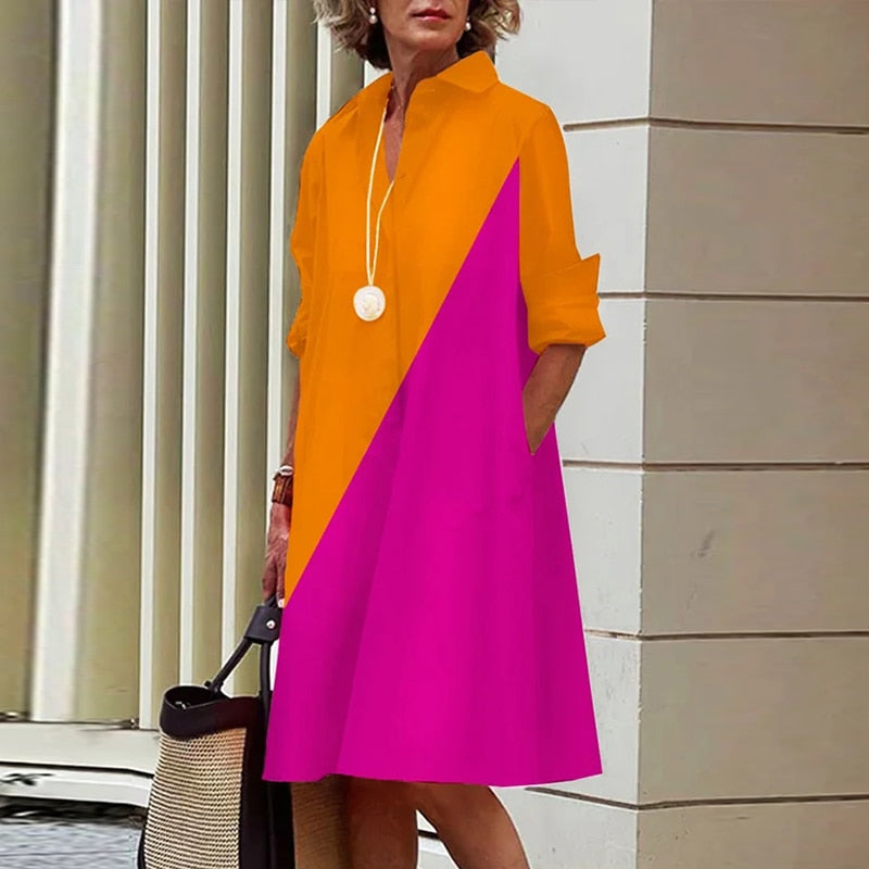 Elegant Solid Shirt Dress Women 2023 Turn Down Collar Long Sleeve Midi Dresses Spring Ladies Commute Casual Loose Pocket Blouses