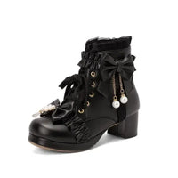 Lolita Great Quality Block High Heels Women Ankle Boots White Shoes Lace Decor Lace Up Chunky Heeled Bow Boots for Women