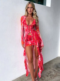 4 Piece Sets Red Printed Y2K Style Bikini Kimono Cardigan 2023 Women's Swimsuit Sexy High Waist Long Sleeve Bikinis Sets A2574