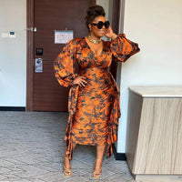 Autumn African Print Dresses for Women Elegant African Long Sleeve V-neck Polyester Red Yellow Orange Long Dress African Clothes