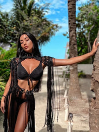 Leosoxs Hand Crochet Knitted Women Bikini Cover Ups Summer Holiday Tassel Beach Bathing Suit Sexy Hollow Out Skirts Matching Set