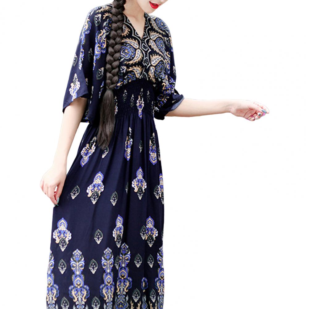 Summer Maxi Dress Soft Half Sleeves Vintage Style Ethnic Summer Vacation Lady Summer Dress Lady Summer Dress Daily Wear