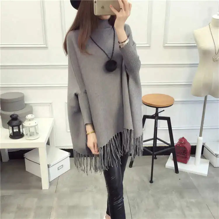 2022 Winter Women Turtleneck Pullover Korean Fashion Plus Size Loose wool Batwing Sweater Ladies Knitted Ponchos and Capes Coat