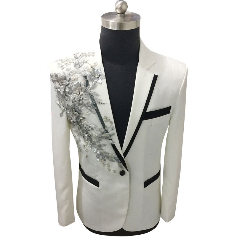 White Floral Sequin Embroidery Suit Jacket Men Wedding Groom Tuxedo Suit Blazers Mens One Button Peak Lapel Stage Costume Homme