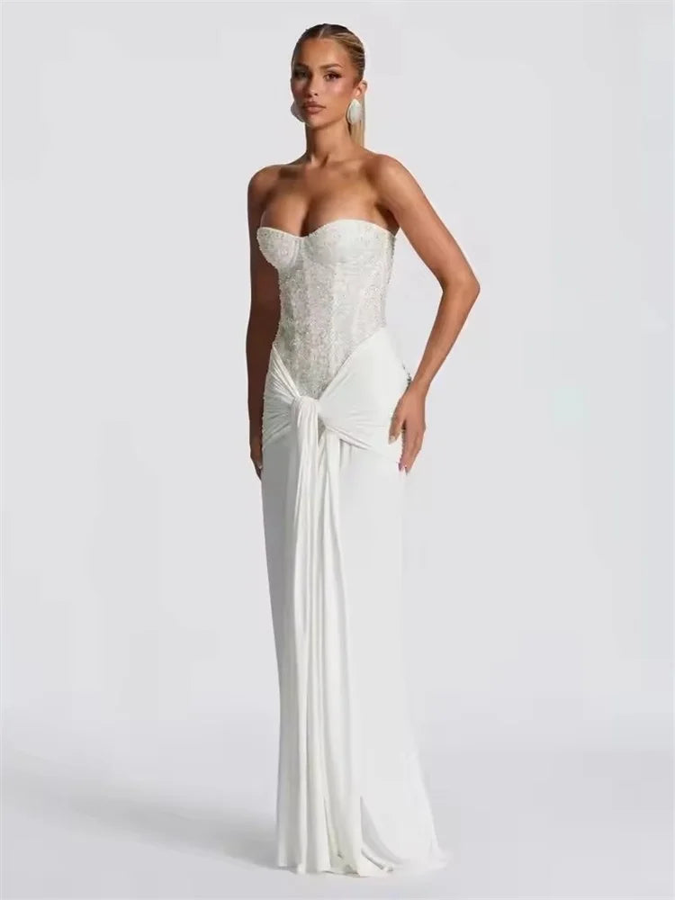 COOBBU Sexy Sequin Patchwork Strapless Maxi Dress Women 2026 Sleeveless Off-shoulder Cinched-waist Pleated Dresses Lady Evening