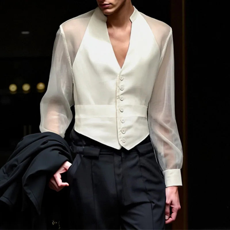 INCERUN Men Shirt Mesh Patchwork V Neck Long Sleeve Transparent Sexy Casual Male Shirts Streetwear Fashion Party Camisas 2025