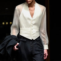 INCERUN Men Shirt Mesh Patchwork V Neck Long Sleeve Transparent Sexy Casual Male Shirts Streetwear Fashion Party Camisas 2025