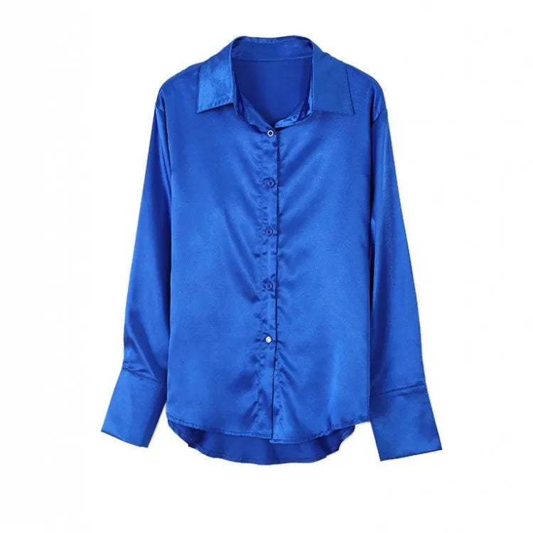 Fashion Long Sleeve Satin Women Shirts Office Lady Elegant Loose Silk Blouses Button Up Tops