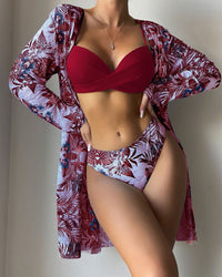 2 pieces Women's three piece swimsuit new mesh cardigan split bikini print