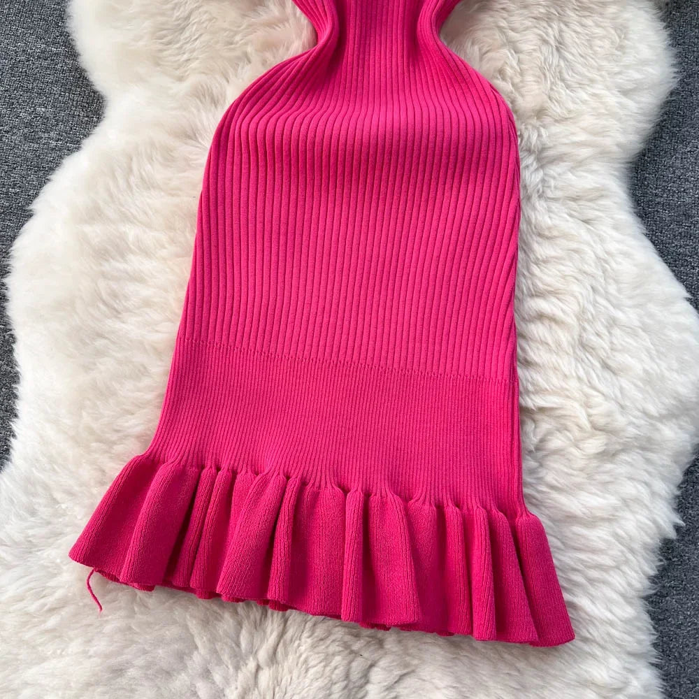 Summer Knitted Bodycon Sexy Dress 2026 O Neck Sleeveless Ruffled Party Sundress High Street Elastic Slim Short Dress