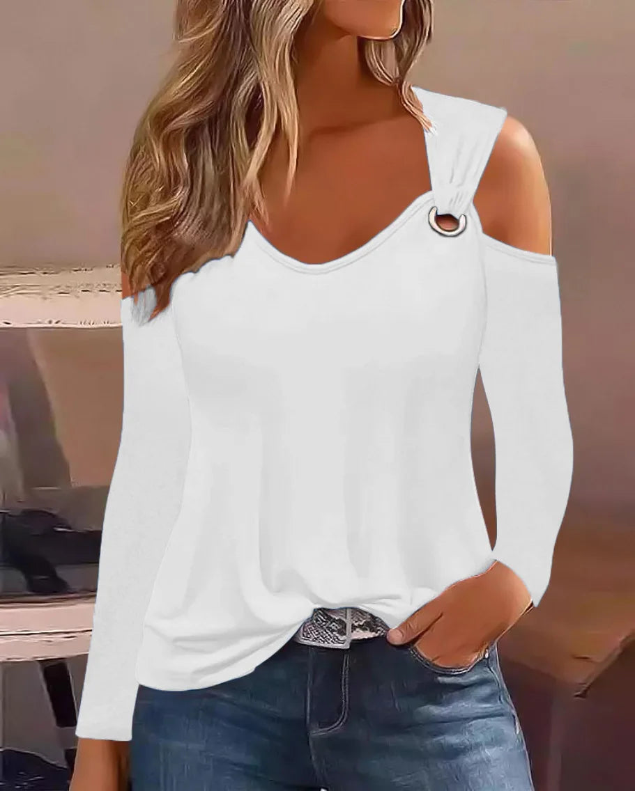 Elegant Blouse Tees Hollow Out 2023 Autumn Simple Metal Button V-Neck Shirt Solid Top T-shirt S-XXL