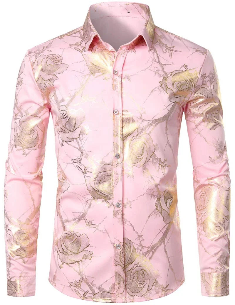 Mens Gold Rose Floral Print Shirts Brand Floral Steampunk Chemise White Long Sleeve Wedding Party Bronzing Camisa Masculina New
