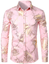 Mens Gold Rose Floral Print Shirts Brand Floral Steampunk Chemise White Long Sleeve Wedding Party Bronzing Camisa Masculina New