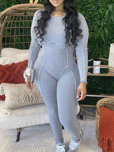 CM.YAYA Women Knit Ribbed Long Sleeve Skinny Stretch O-neck Jumpsuit 2023 Street Active Yoga Sexy One Piece Suit Romper Playsuit