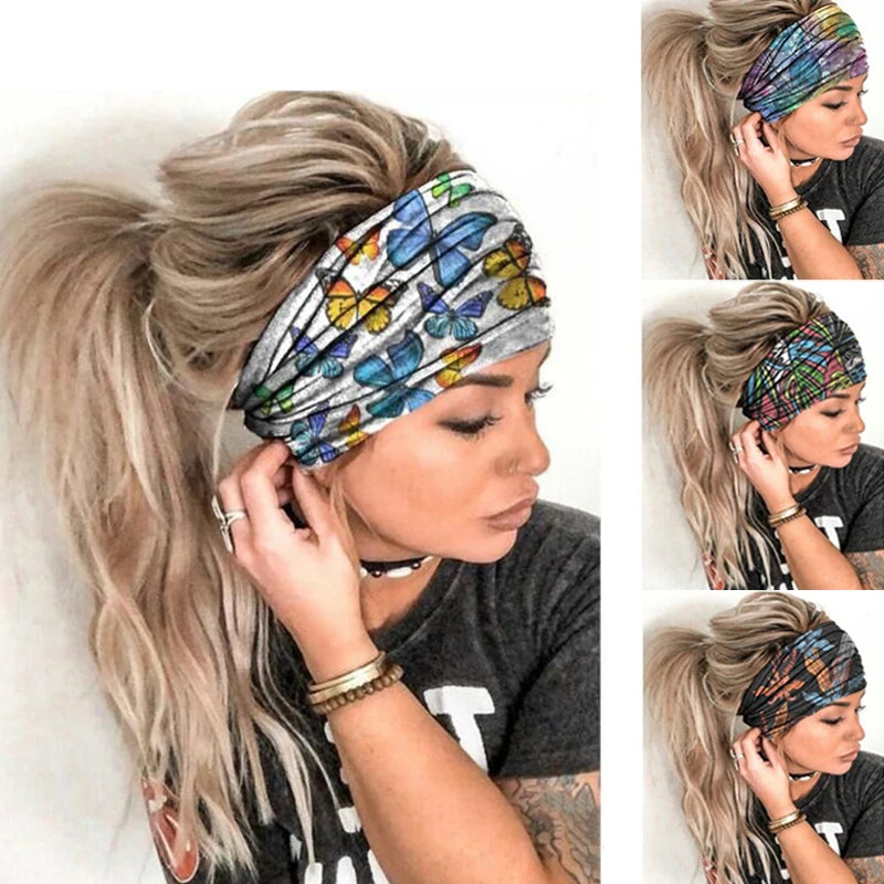 Europe and the United States cross-border popular elastic colorful butterfly printed wide-brimmed headband sports yoga headband