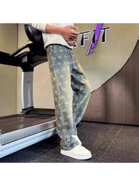 2025 Jacquard Full Print High Street Trendy Brand Ins Design Sense Jeans Loose Straight Tube Washed Wide Leg Long Pants