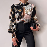 Women Sexy Backless Hollow Print Shirts Fashion Party Crop Top 2023 Spring  Casual Stand Long Sleeve Office Lady Blouses And Top