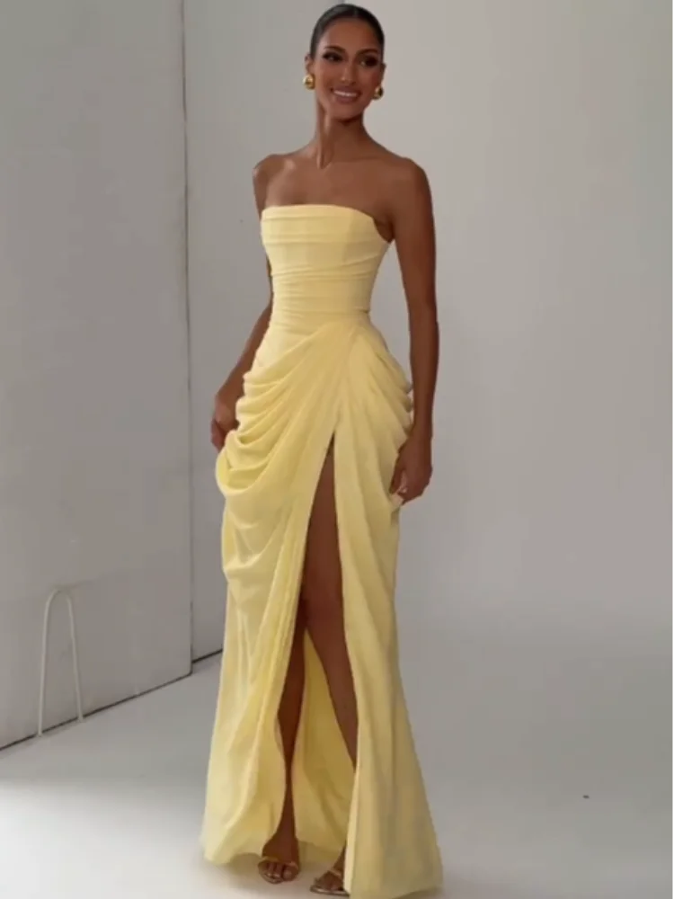 Elegant Yellow Strapless Pleated Long Dress Women Chic Solid Sleeveless Waist Cinching Split Gown 2026 Lady Evening Party Robe