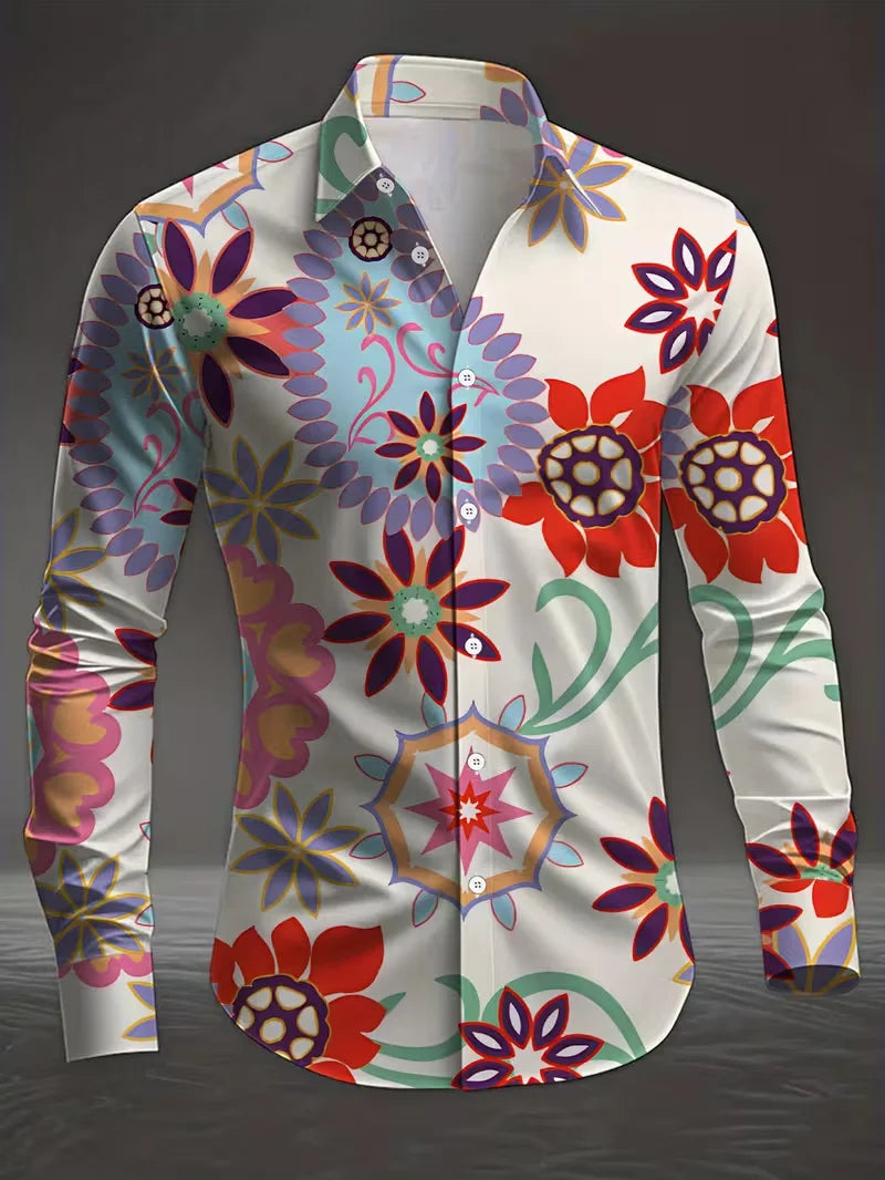 New men's fashionable 3D dragon print shirt casual long sleeved animal button design fashionable shirt top