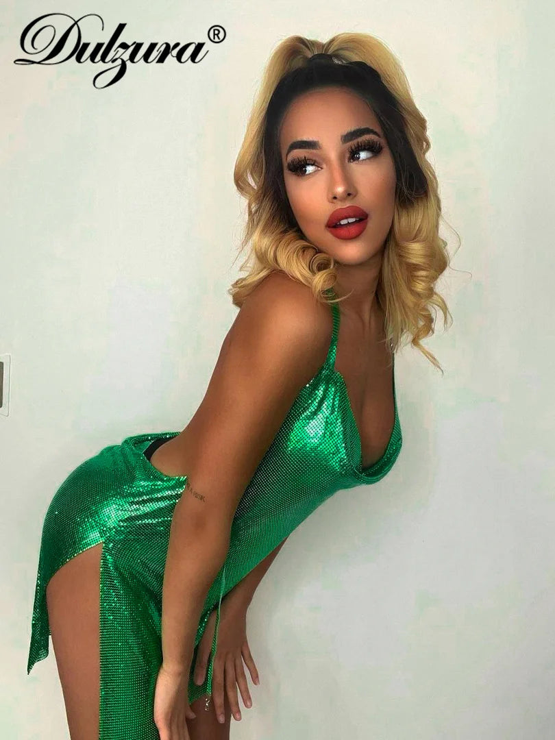 Dulzura Bling Glitter Women Halter Mini Dress Side Slit Backless Bodycon Sexy Streetwear Party Club Festival 2022 Summer Clothes