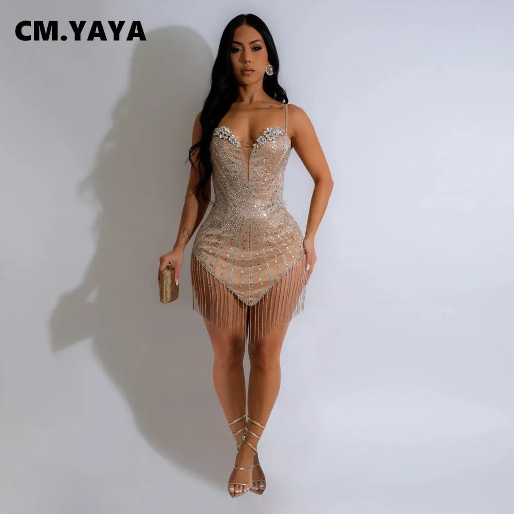 CM.YAYA Women Sleeveless Diamonds Hot Rhinestones Tassel Mini Dress Strapless Sexy Evening Night Club Party Dresses Vestidos