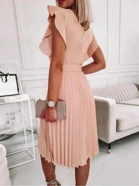 Office Lady Midi Pleated Dresses 2022 Summer Elegant Women's O-Neck Butterfly Sleeve Sashes A-line Dresses For Women Robe Femme