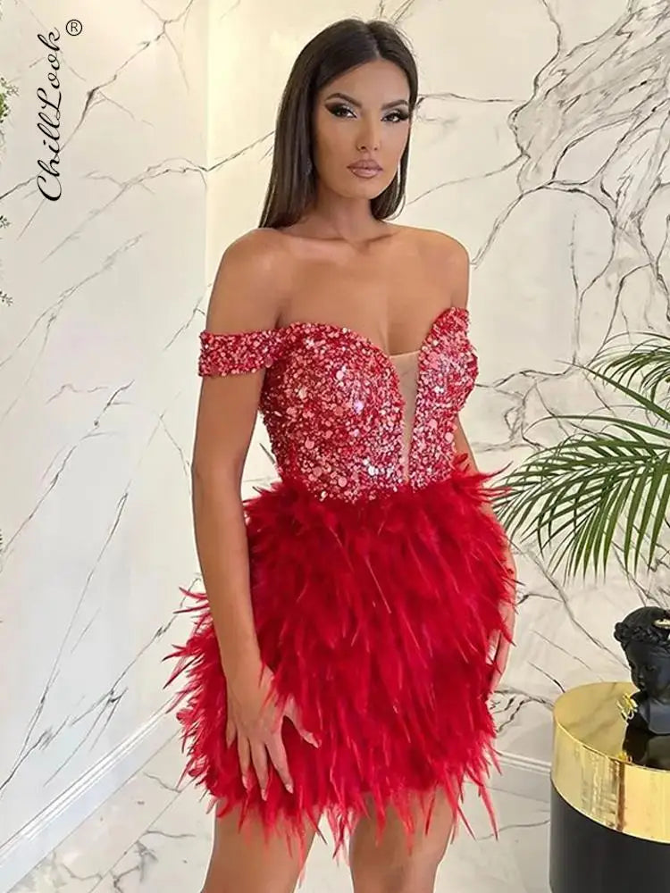 Sexy Sequins Feather Spliced Women Party Dresses 2022 Fall Sleeveless Backless Slash Neck Mini Dress Female Evening Club \