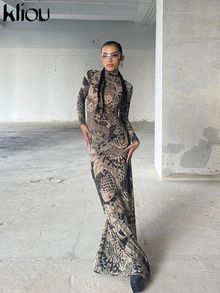 Kliou Mesh Vintage Print Maxi Dress Women Sexy Sheer Long Sleeve Stand Mega Mart Center Kliou Mesh Vintage Print Maxi Dress Women Sexy Sheer Long Sleeve Stand Mega Mart Center