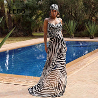 LEDP Women's Dress Y2k Elegant Beach Long Dress Women's Summer Sexy Straps Side Slit Club Party Dress Halter Zebra Sundress