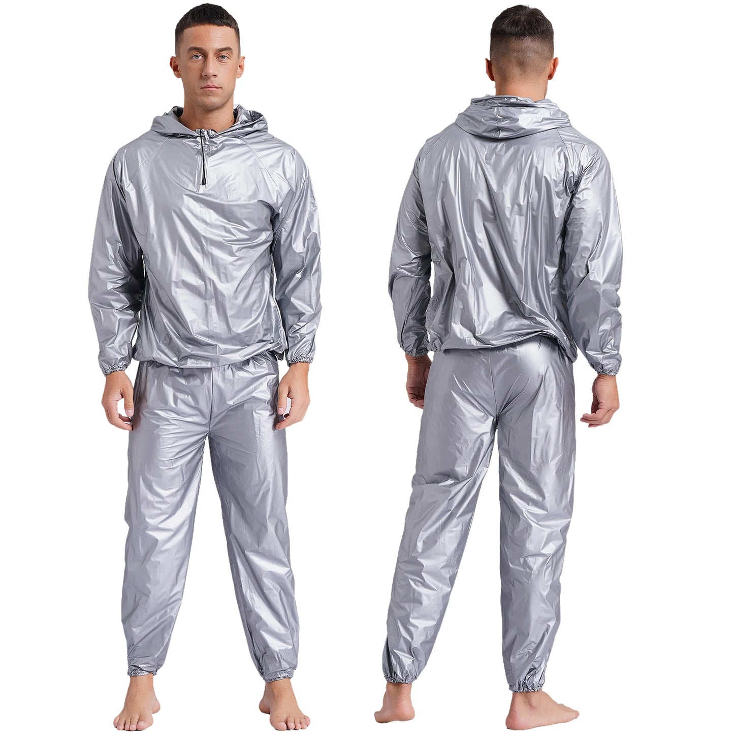Mens Sauna Sweat Outfit Long Sleeve Hooded Jacket Outerwear and Elastic Waist Long Pants PVC Sweating Suit for Gym Workout