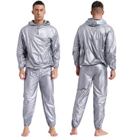 Mens Sauna Sweat Outfit Long Sleeve Hooded Jacket Outerwear and Elastic Waist Long Pants PVC Sweating Suit for Gym Workout