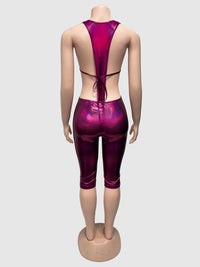 Weird Puss Sexy Women 2 Piece Set Halter Silky Hollow Sexy Backless Sleeveless Bodysuit+Bike Shorts Midnight Matching Clubwear