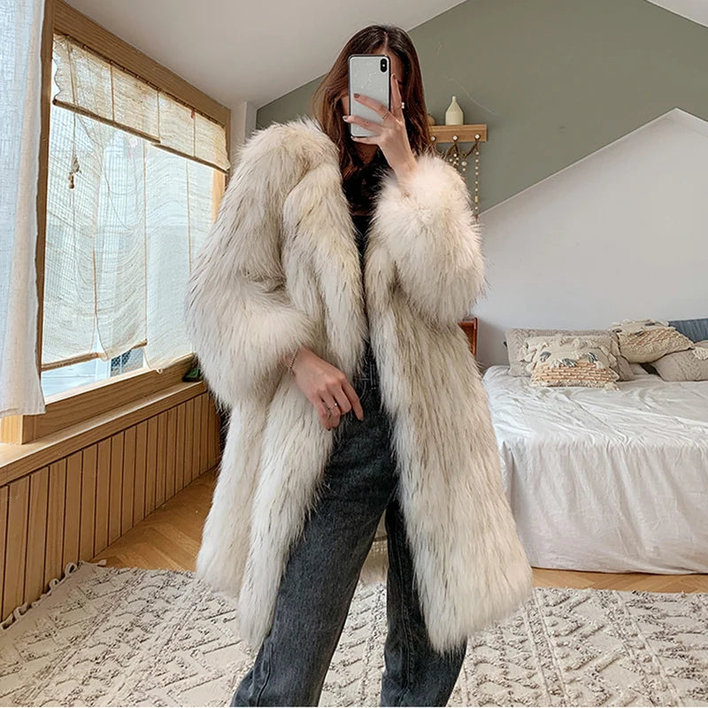 Winter fox fur imitation fur coat women's long new warm raccoon fur coat large size leisure windbreaker