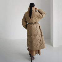Winter New Stand Collar Long Down Jackets Loose Belt Long Sleeve Warm Coat Fashion Solid Cotton Padded Warm Down Overcoat Women
